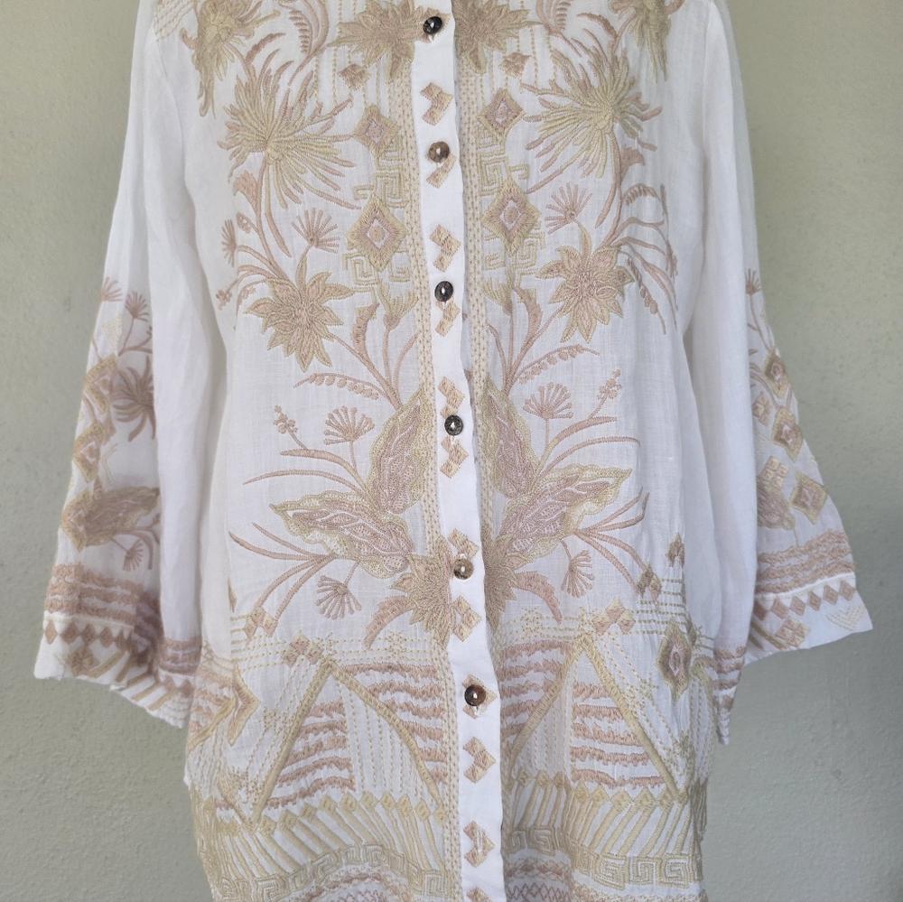 Johnny Was Talia Embroidered Ramie Blouse White Tonal Boho Bell Sleeve S - Picture 16 of 16